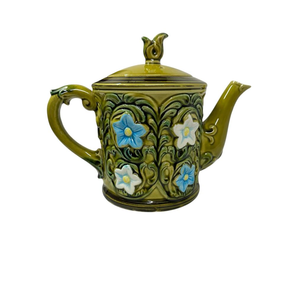 VTG Lefton Teapot Geo Z Floral Green Hand Painted Blue White Flower‎ Garden Read